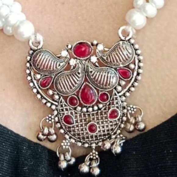 Pearls Beaded Chain Jewelry Set, Tribal Jewelry Set, Beaded Chain Pendant Neckla - Picture 10 of 10